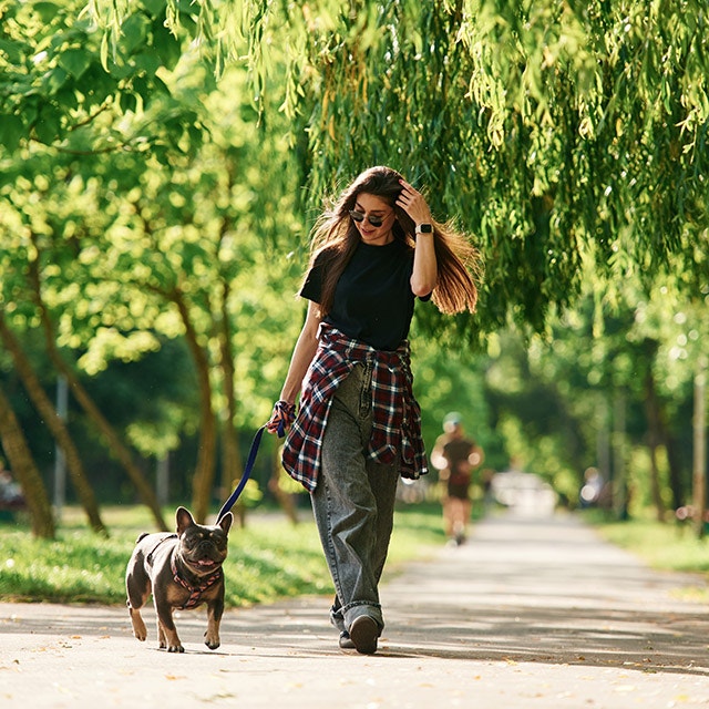 Frau geht mit ihrem Hund im Park spazieren.
