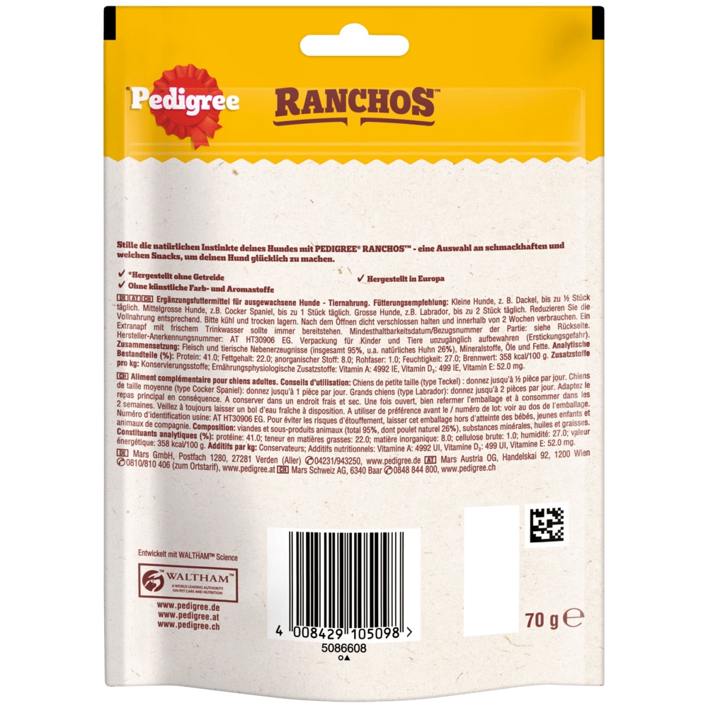 PEDIGREE® RANCHOS™ Jerkies mit Huhn, 70g & 180g
