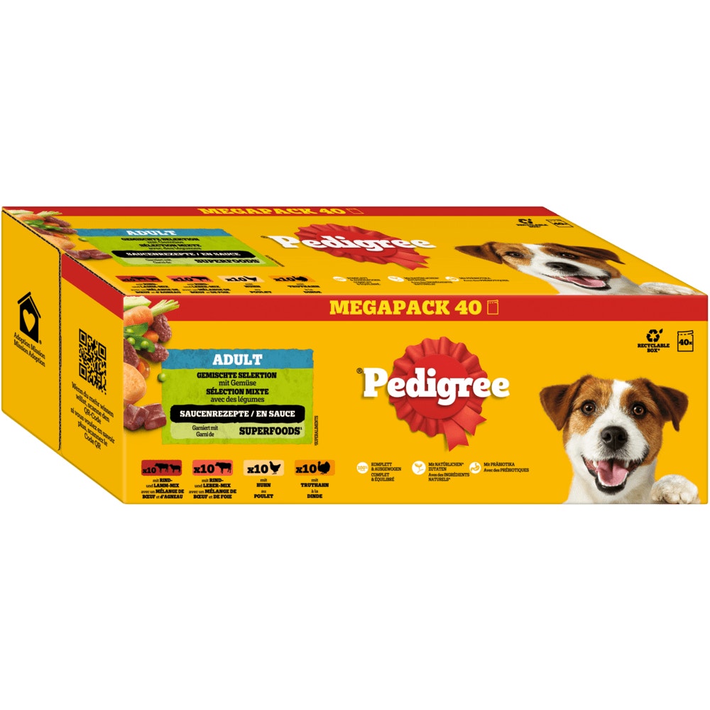 PEDIGREE® Gemischte Selektion 4 Varietäten Rind- und Lammmischung, Rind- und Lebermischung, Huhn, Truthahn in Sauce, Multipack 40 x 100g
