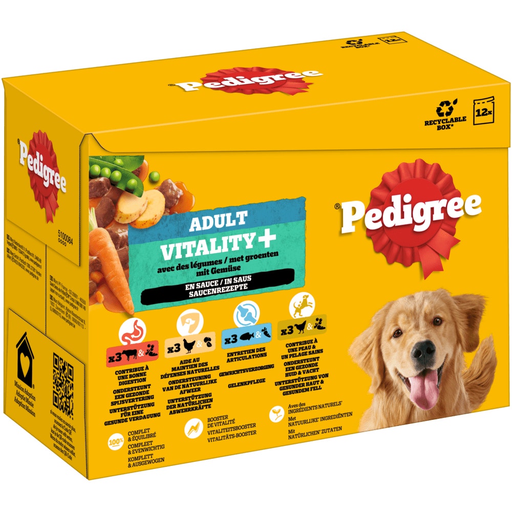 PEDIGREE® VITALITY+ Multipack Portionsbeutel 4 Varietäten Rind- & Lebermischung, Huhn & Kartoffeln, Fisch & Karotten, Geflügel & Karotten & Erbsen in Sauce, 12 x 85g