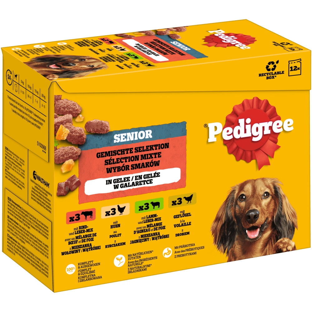 PEDIGREE® Gemischte Selektion 4 Varietäten Rind- und Lebermischung, Huhn, Lamm- und Lebermischung, Geflügel in Gelee,Multipack 12 x 100g