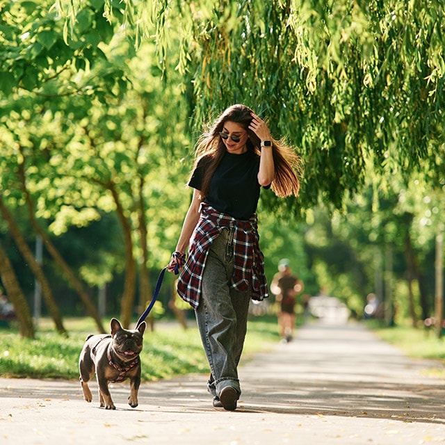 Frau geht mit ihrem Hund im Park spazieren.