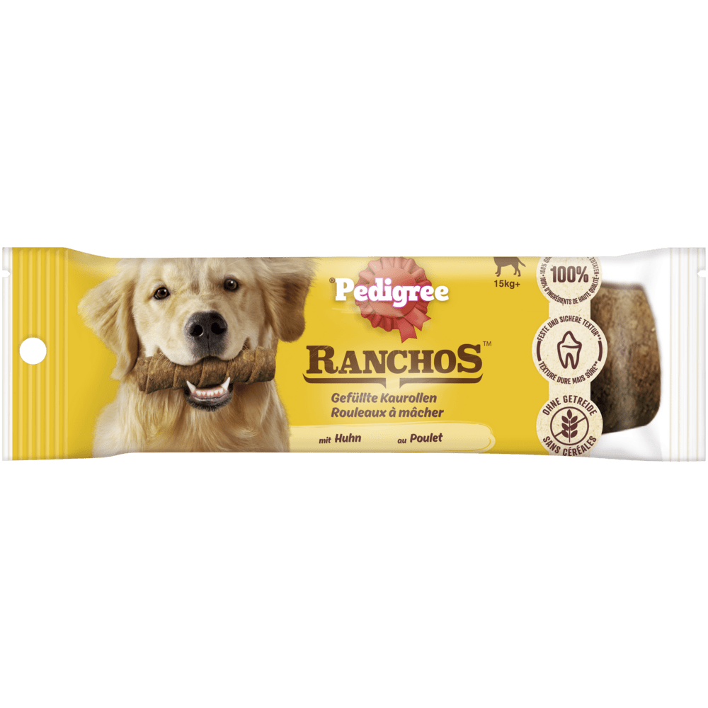 PEDIGREE® RANCHOS™ Gefüllte Kaurollen mit Huhn, Maxi 15kg+, 80g & Mega Box 10 x 80g