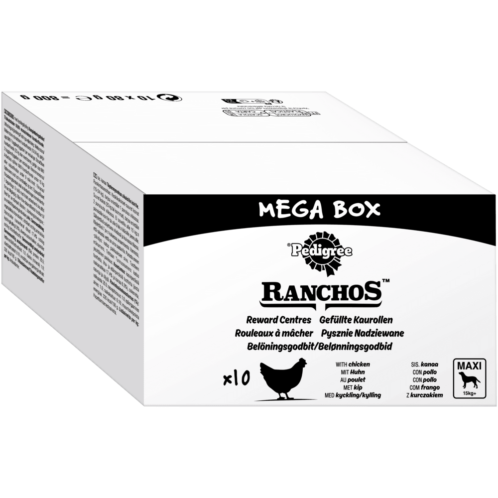 PEDIGREE® RANCHOS™ Gefüllte Kaurollen mit Huhn, Maxi 15kg+, 80g & Mega Box 10 x 80g
