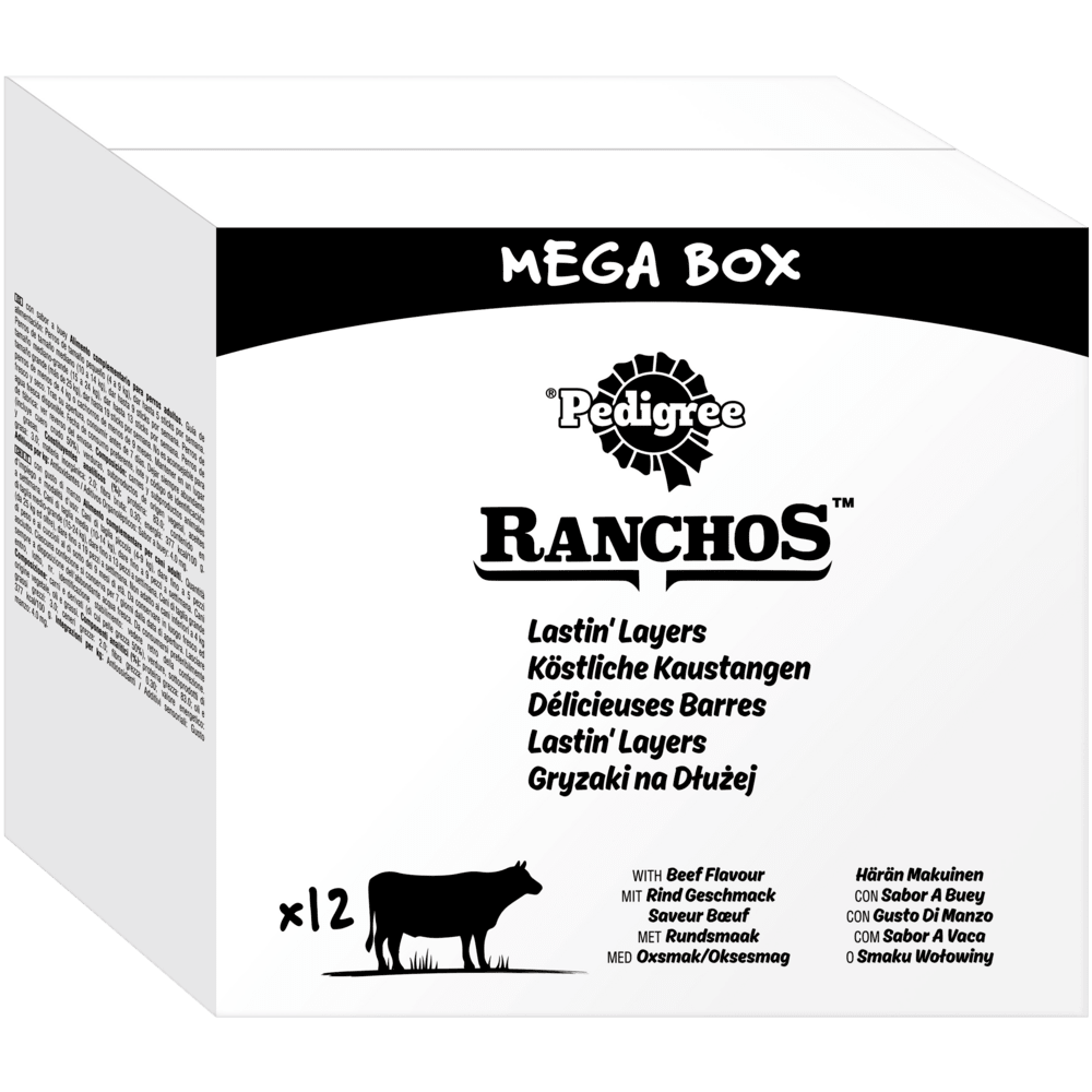 PEDIGREE® RANCHOS™ Köstliche Kaustangen mit Rind Geschmack, 40g & Mega Box 12 x 40g