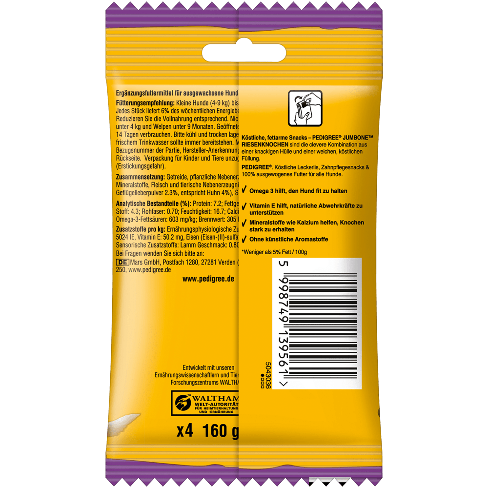 PEDIGREE® JUMBONE™ Riesenknochen Mini mit Huhn und Lamm Geschmack, 4 Stück