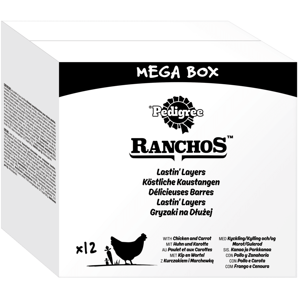 PEDIGREE® RANCHOS™ Köstliche Kaustangen mit Huhn & Karotten, 40g & Mega Box 12 x 40g