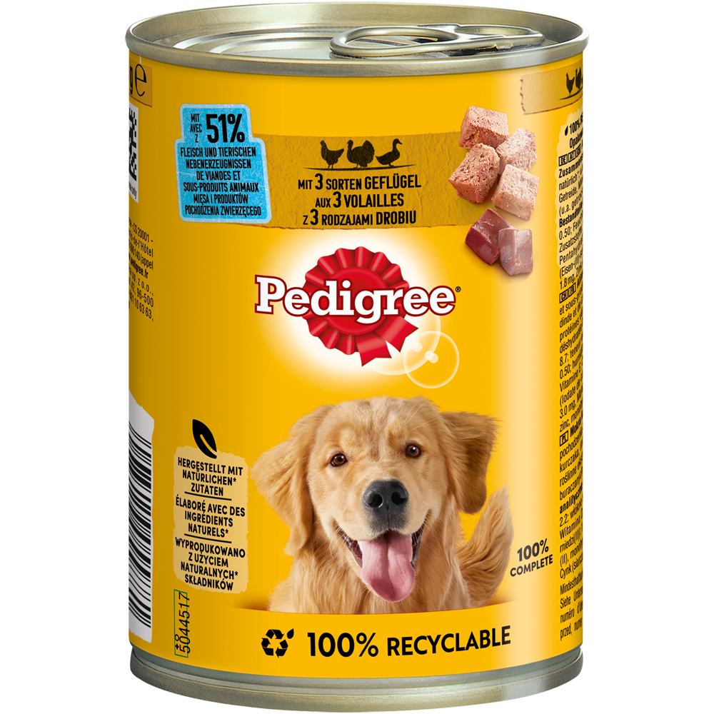 PEDIGREE® mit 3 Sorten Geflügel in Pastete, Dose 400g & 800g