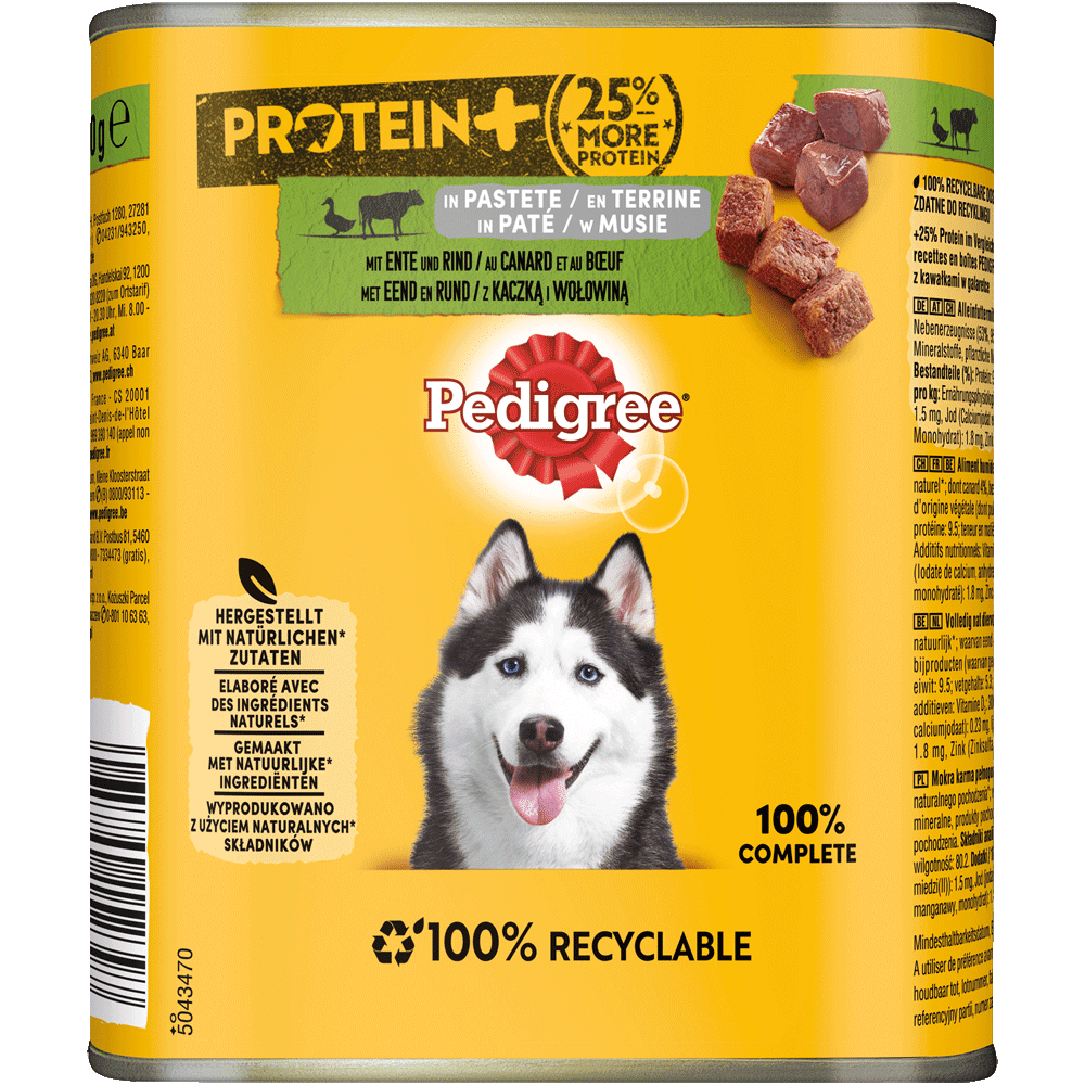 PEDIGREE® Protein+ in Pastete mit Ente und Rind, Dose 800g