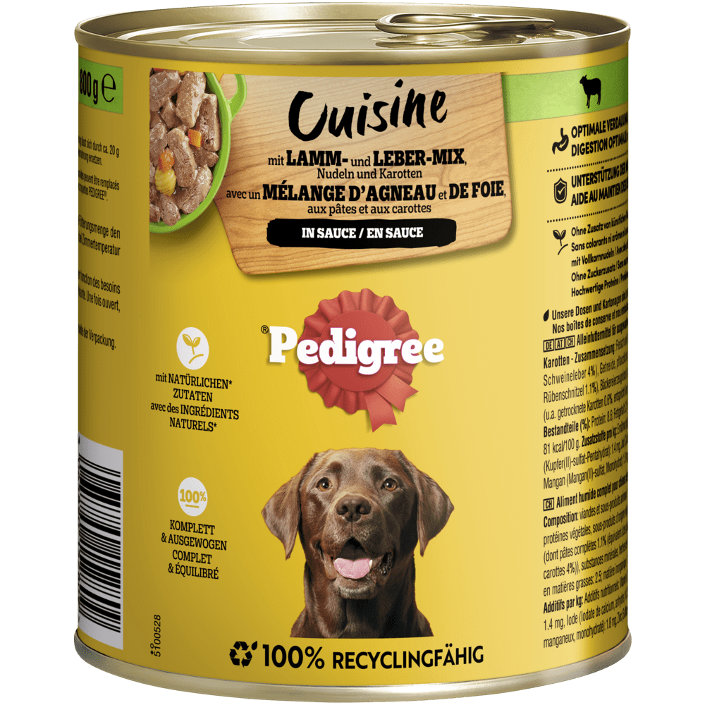 PEDIGREE® Cuisine in Sauce mit Lamm, Leber, Nudeln & Karotten, Dose 800g