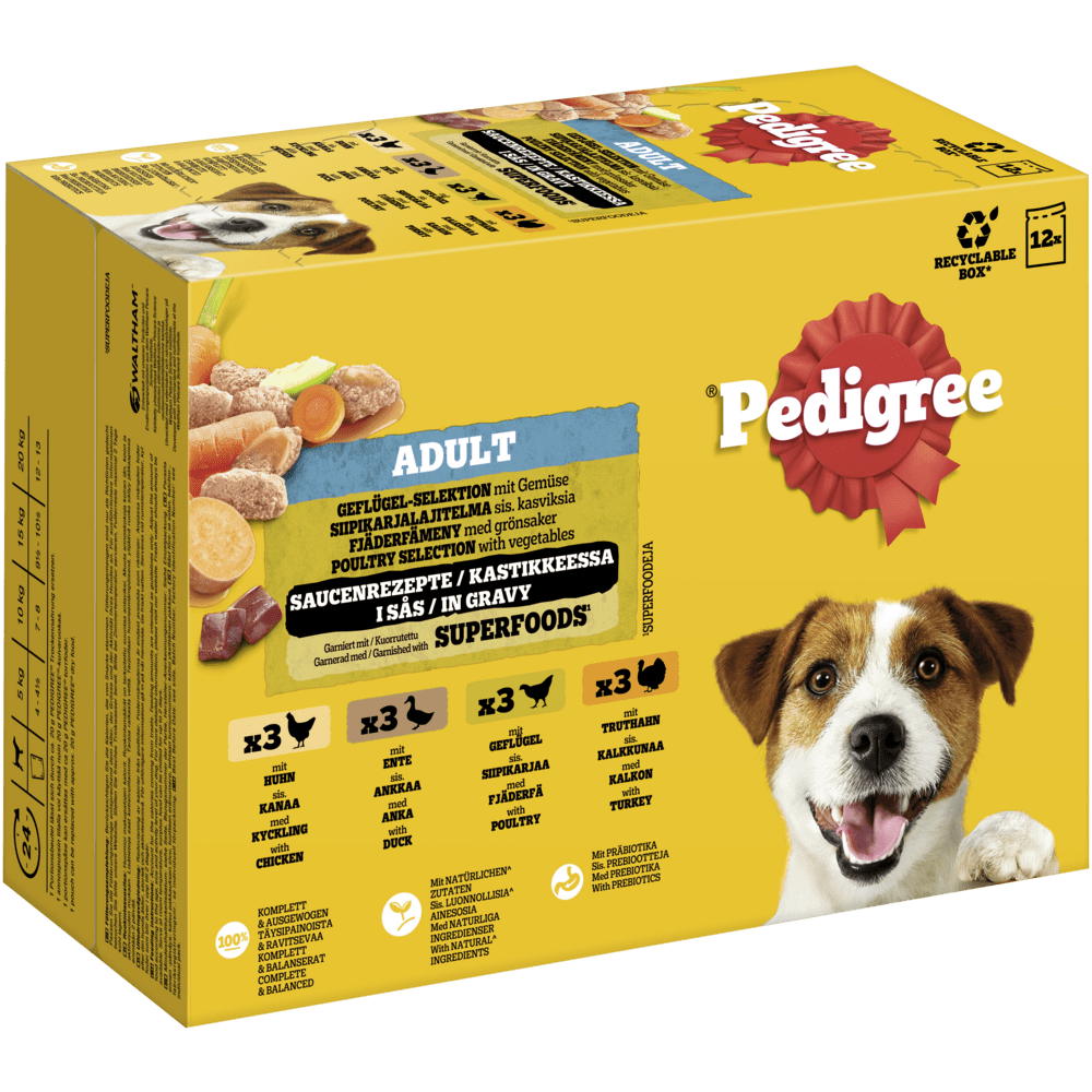 PEDIGREE® Multipack Portionsbeutel Geflügel-Selektion 4 Varietäten Huhn, Ente, Geflügel, Truthahn in Sauce 12x100g