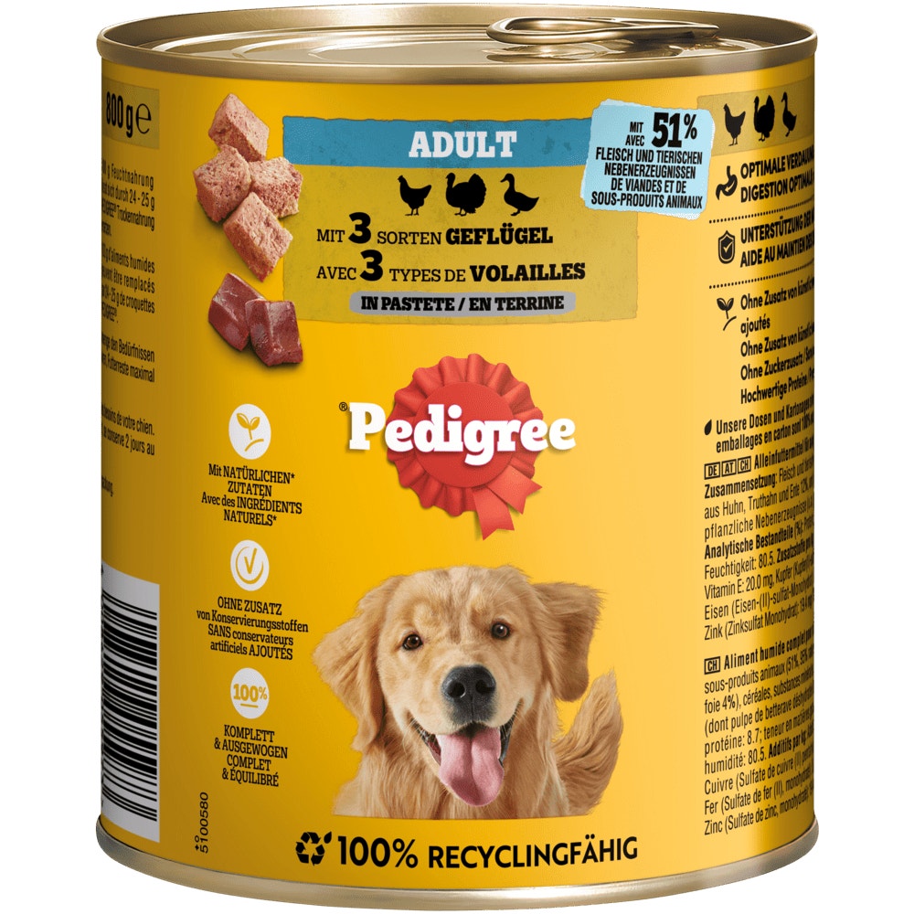 PEDIGREE® mit 3 Sorten Geflügel in Pastete, Dose 800g