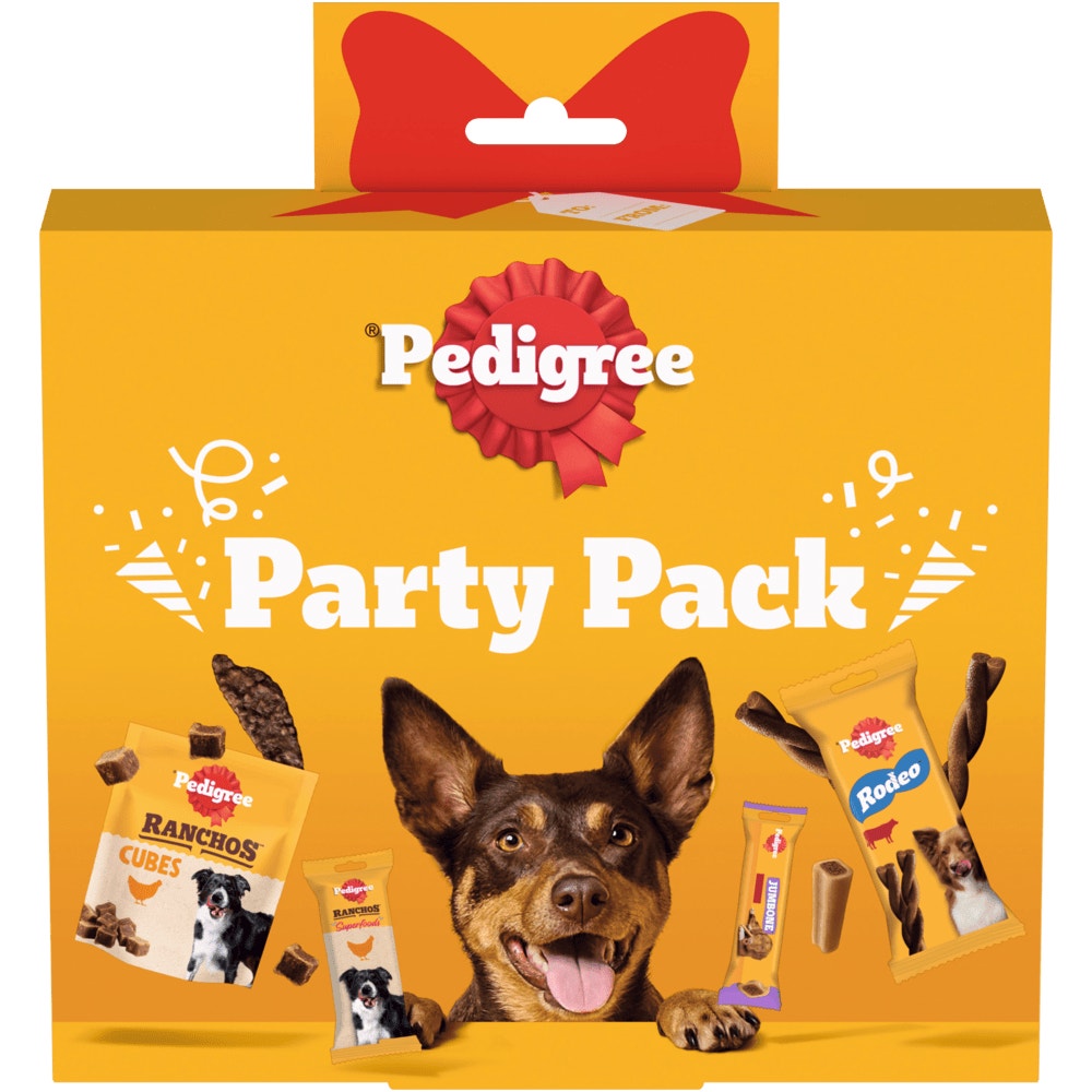 PEDIGREE® Party Pack 4 Varietäten RANCHOS™ Cubes Huhn, RANCHOS™ Superfoods Huhn, JUMBONE™ Rind & Geflügel, RODEO™ Rind, Multipack 241g