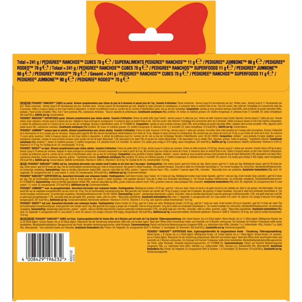 PEDIGREE® Party Pack 4 Varietäten RANCHOS™ Cubes Huhn, RANCHOS™ Superfoods Huhn, JUMBONE™ Rind & Geflügel, RODEO™ Rind, Multipack 241g