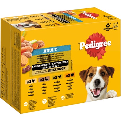 Geflügel-Selektion 4 Varietäten Huhn, Ente, Geflügel, Truthahn in Sauce, Multipack Portionsbeutel