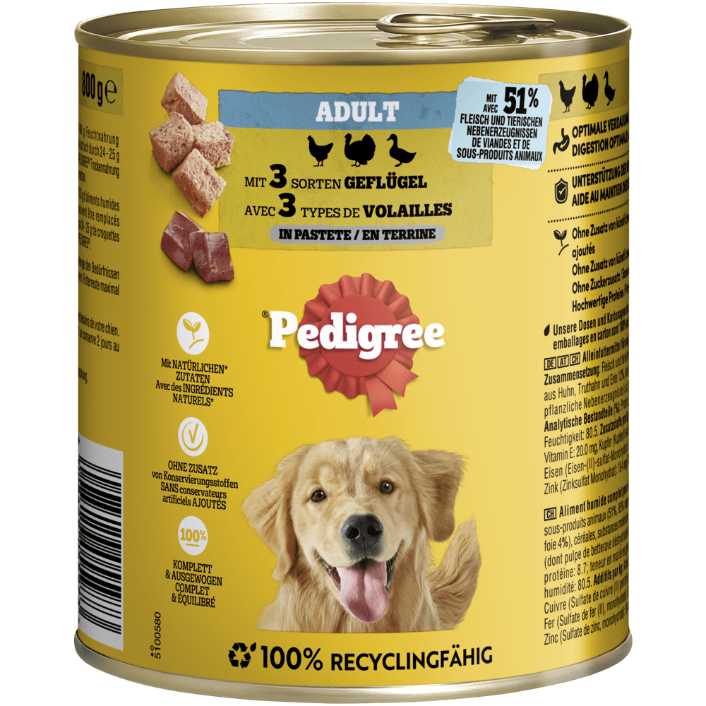 PEDIGREE® mit 3 Sorten Geflügel in Pastete, Dose 800g | Nassfutter